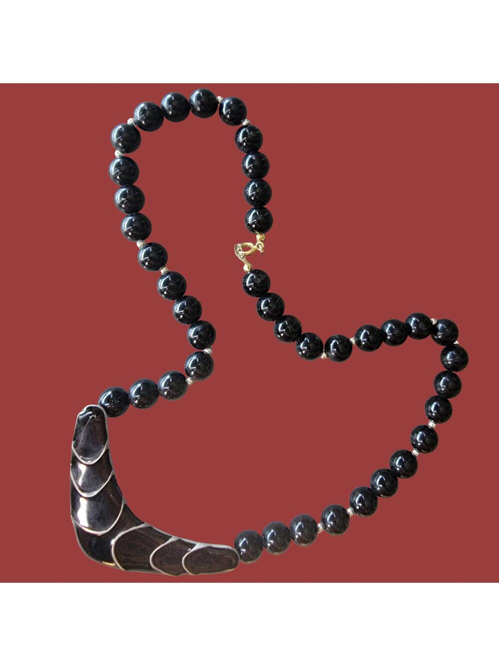 Vintage 1980s Modernist Black and Silver Metal Enamel Statement Necklace